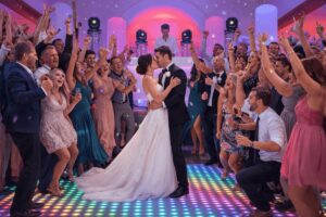 Professionele DJ draait op een bruiloft met dansende gasten, sfeervolle verlichting en feestelijke ambiance